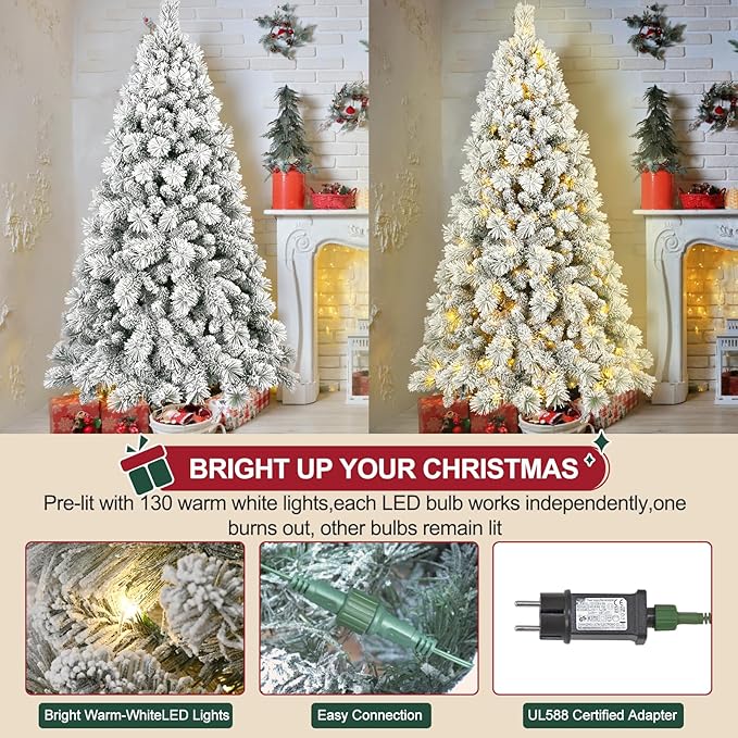 7.5 FT Pre-Lit Snow Flocked Slim Fir Christmas Tree with 1424 PE & PVC Mixed Branch Tips,Artificial Skinny Pencil Xmas Tree with 900 Warm-White Lights & 40 Pine Cones,Hinged Pine Tree with Metal Stand