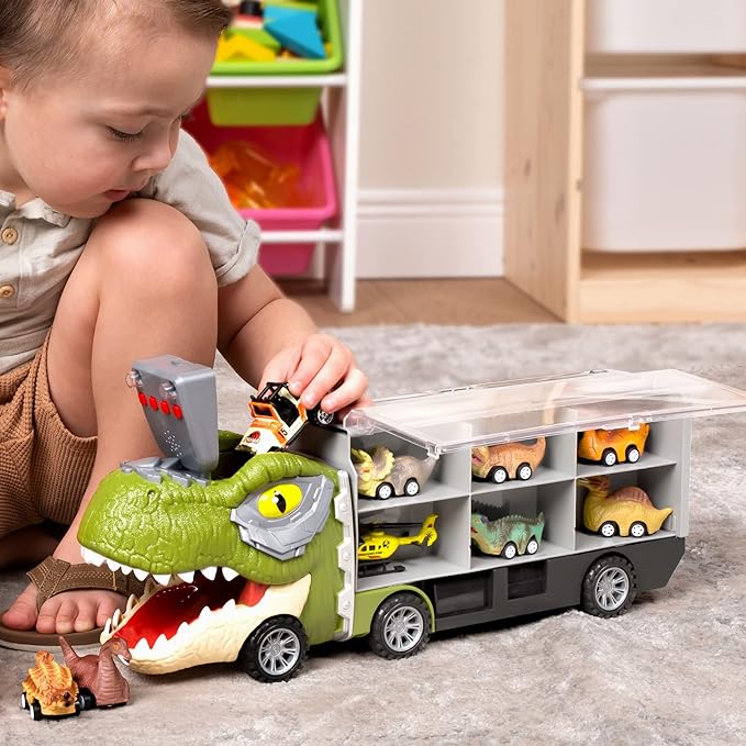 JOYIN 13 in 1 Dinosaur Toys for Kids 3-5, Dinosaur Truck with 12 Pull Back Cars, Small Cars Set, Birthday Gifts Toys for 3 4 5+ Year Old Boy, Transport Carrier Truck for Toddlers 3-4 Years