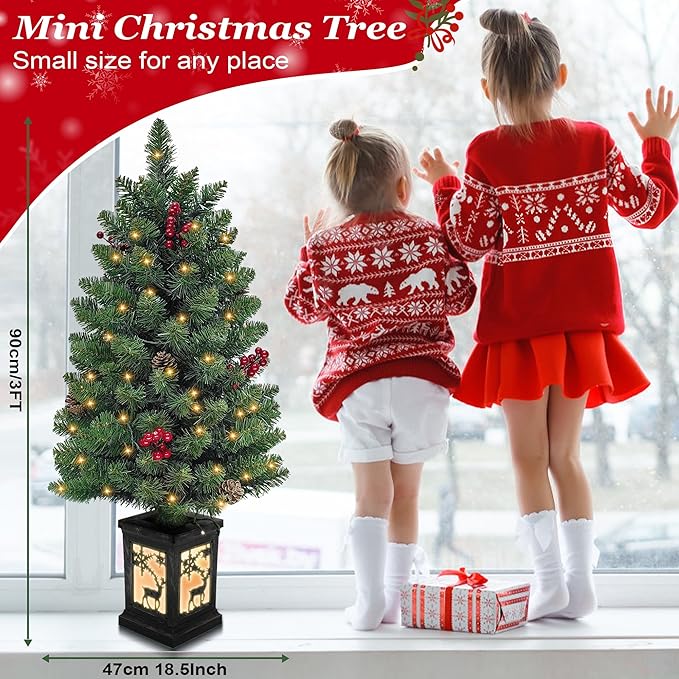 3ft Prelit Christmas Tree Set of 2 with 78 Warm Lights Red Berry Pine Cone, Mini Potted Christmas Tree with Vintage Elk Light Potted Base,Tabletop Small Xmas Tree Decor for Porch, Fireplace, Entrance
