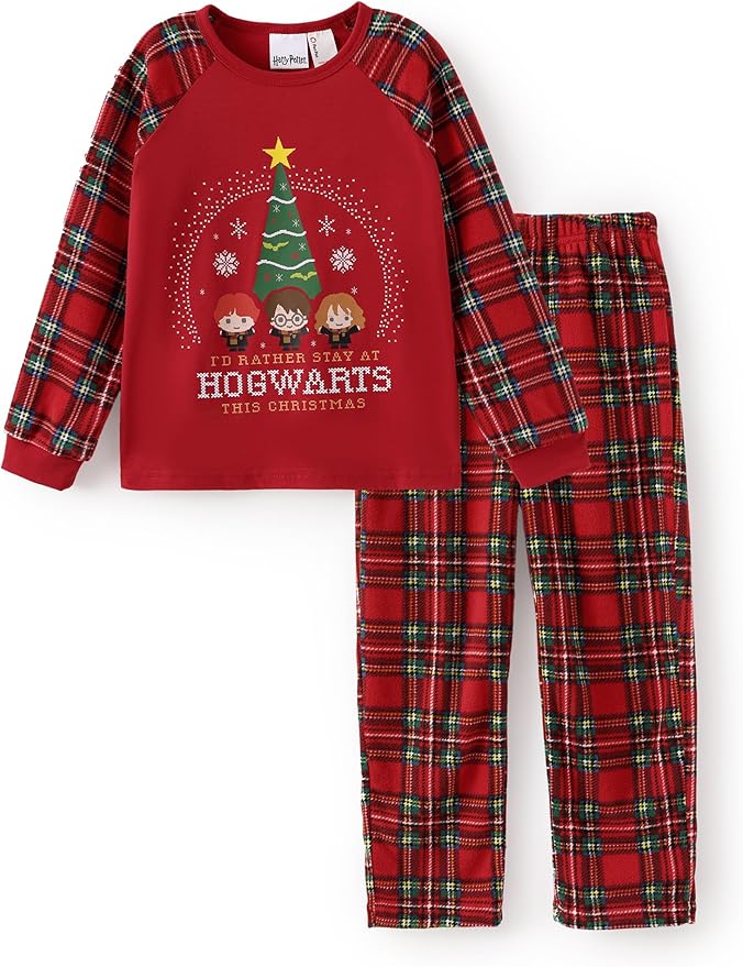 Harry Potter Pajamas Gryffindor Hufflepuff Slytherin Ravenclaw Hogwarts Crest Long Sleeve Shirt and Plaid Pant for Big Kid