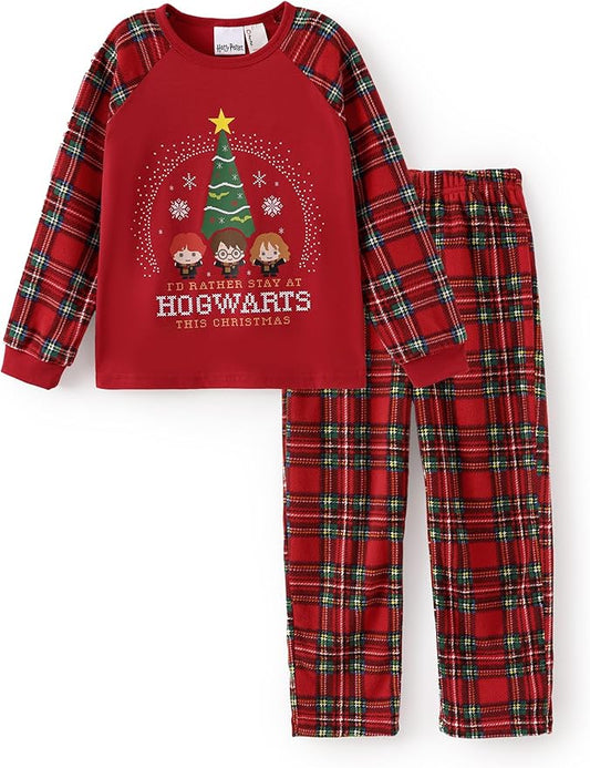 Harry Potter Pajamas Gryffindor Hufflepuff Slytherin Ravenclaw Hogwarts Crest Long Sleeve Shirt and Plaid Pant for Big Kid