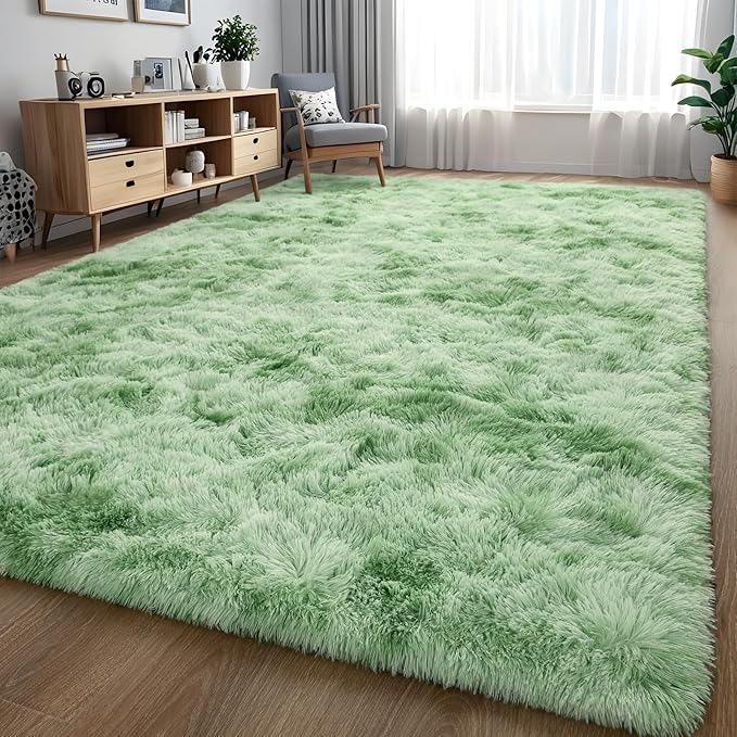 Nuttumico Fluffy Modern Area Rugs for Living Room Bedroom, 4x6 ft Sage Green Tie-Dyed Plush High Pile Rug for Kids Girls Room Nursery Home Decor, Upgrade Non-Slip Soft Indoor Rug