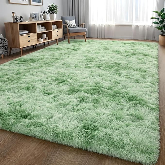 Nuttumico Fluffy Modern Area Rugs for Living Room Bedroom, 4x6 ft Sage Green Tie-Dyed Plush High Pile Rug for Kids Girls Room Nursery Home Decor, Upgrade Non-Slip Soft Indoor Rug