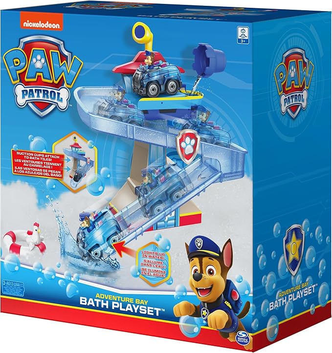 PAW Patrol, Adventure Bay Bath Playset with Light-up Chase Vehicle, Bath Toy for Kids Aged 3 and Up
