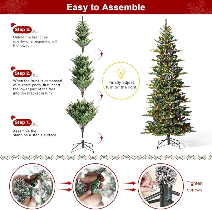 Glitzhome 7.5ft Artificial Prelit Christmas Tree, Cascade Evergreen Slim Christmas Tree with 350 Strawberry Lights,998 PE&PVC Tips, 9 Functional Warm White/Multi-Color, Remote Controller