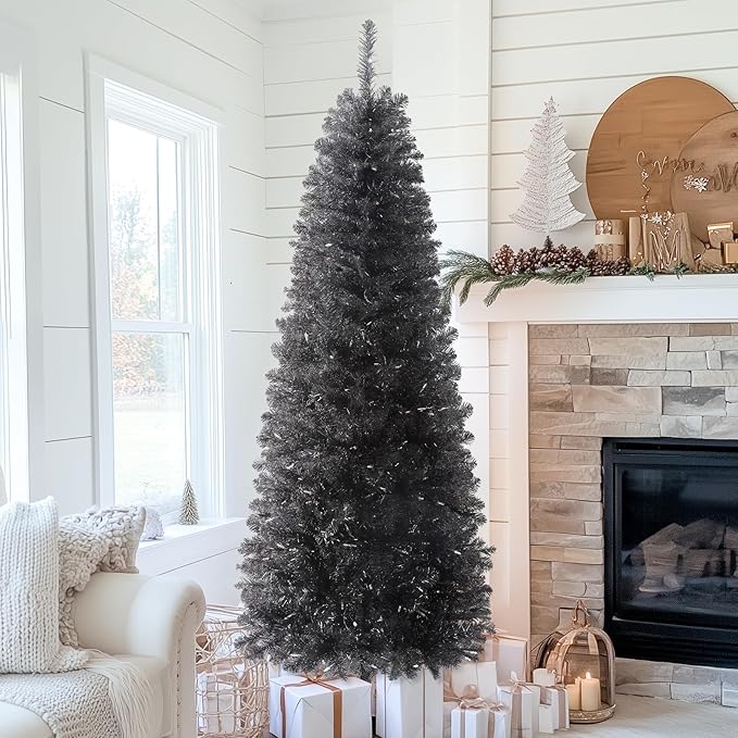 SHareconn 4ft Prelit Artificial Hinged Slim Pencil Christmas Tree with Warm White Lights, Full Branch Tips, Perfect Choice Decoration for Xmas Holiday, 4 FT, Black