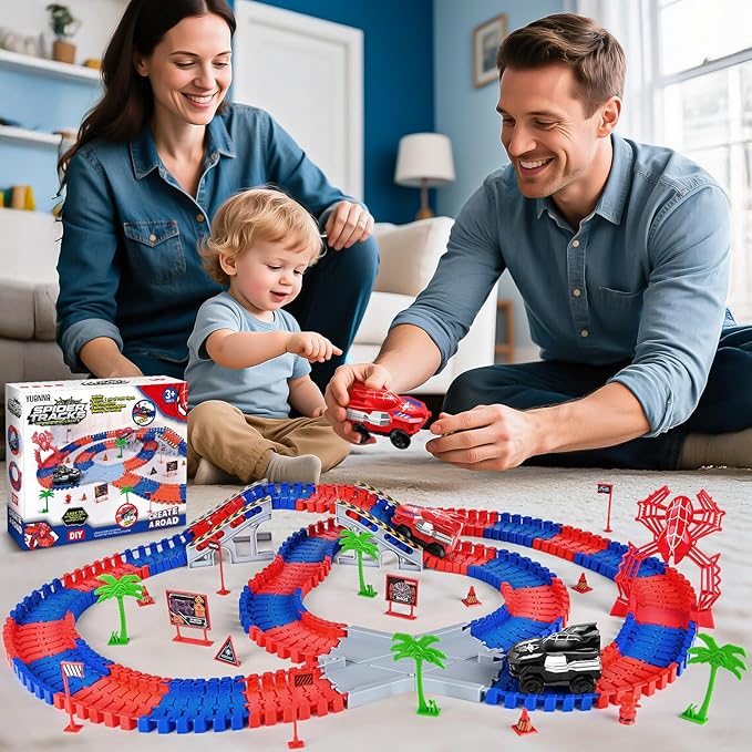Spider Toys for Boys 4-6, with 2pcs Spider Cars and 1pcs Stand-Spider for Kids Toddler, 212 Pcs Race Track, 3 4 5 6 7 8 Year Old Boys Girls Birthday Party Favor Gift