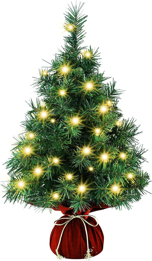 Pre-Lit Mini Christmas Tree with Lights, Red Velvet Cloth Base, Artificial Desktop Xmas Tree Small Space Holiday Decoration