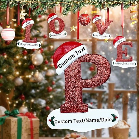 Personalized Letter Christmas Ornaments 2025, Custom Xmas Ornaments Decorations for Christmas Tree with Name 3D Resin Xmas Hanging Pendant Original Gifts for Family Friends (P)