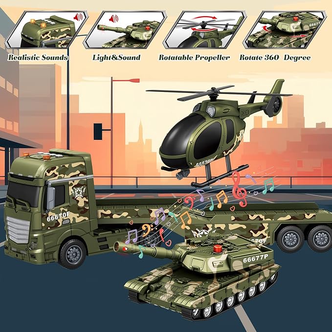3-in-1 Military Truck Toys for Kids Ages 3-6 - Inertia Semi Trailer with Helicopter & Tank, Light and Sound Army Vehicles