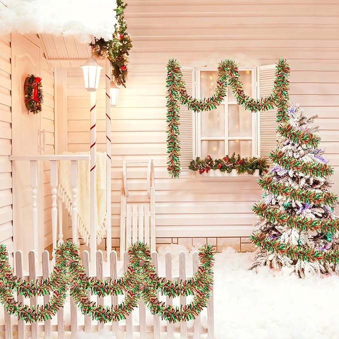 50Ft Christmas Red Green and Gold Tinsel Garland Metallic Twist Shiny Garland for Xmas Christmas Tree Ceiling Hanging Decorations Holiday Wedding Home Party Supplies Indoor Outdoor Decor