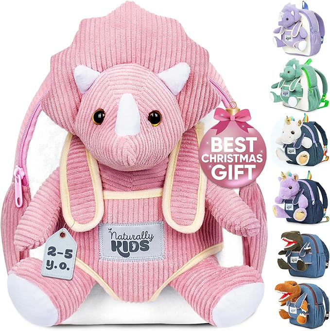 Naturally KIDS Pink Dinosaur Toys for Girls, Triceratops Toy, Dinosaur Gifts for 2 3 Year Old Girls, Toddler Backpack