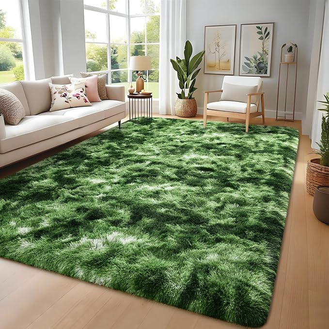 Nuttumico Large Fluffy Area Rug, 6x9 Feet Modern Indoor Carpets for Living Room Bedroom, Plush High Pile Tie-Dyed Dark Green Rug for Girls Kids Playroom Classroom Nursery Home Decor
