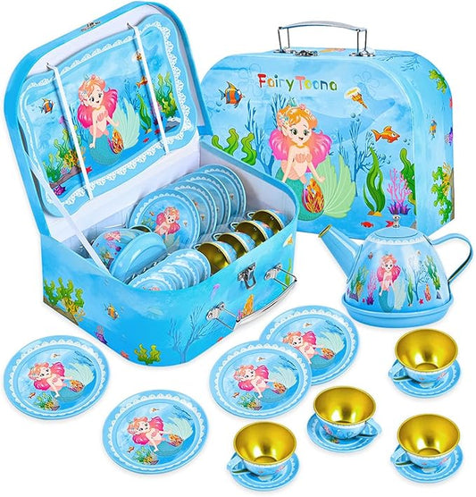 Mermaid Tea Party Set for Little Girls Ages 3-6, 15-Piece Pretend Play Kitchen Toys with Teapot, Cups, Plates & Storage Case, Princess Gift Set (Blue)