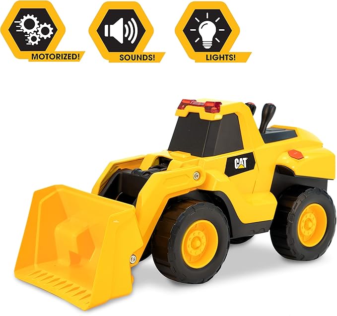 CAT Construction Toys, Motorized Front Loader Truck Toy, 6 Unique Sounds, 2 Motorized Functions, Lights & Sounds, Includes 3 AA Batteries.