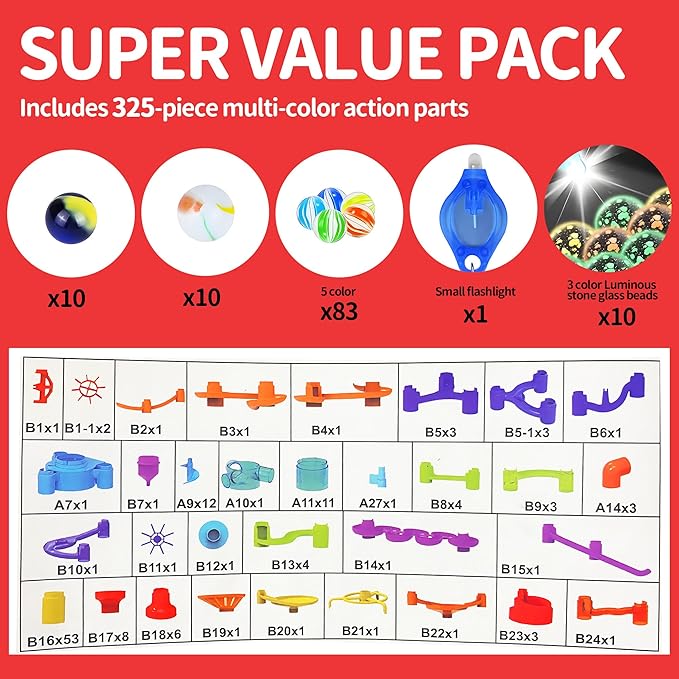 Glow in The Dark Marble Run 325Pcs Set with Motorized Elevator, Marble Maze STEM Toy with 113 Marbles, Construction Building Blocks for Kids Ages 3+, Best Easter & Birthday Gifts for Boys Girls