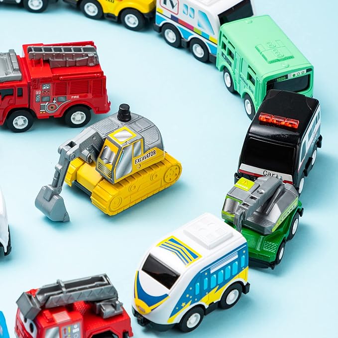 JOYIN 18 Pcs Pull Back City Cars and Trucks Toy Vehicles Set, Friction Powered Cars Toys for Toddlers, Boys, Girls’ Educational Play, Kids Stocking Stuffers, Easter Basket Stuffers