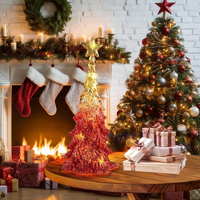 Valentine’s Day Gift 11 Inch Tabletop Christmas Tree with Sparkling Glitter - Battery Operated Acrylic Lighted Christmas Tree for Home Office Valentine’s Day Decor, Warm White Glow