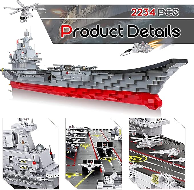 2234 Pieces Aircraft Carrier Building Blocks Set with Storage Box, 38x 7.7x10.5 Inch Stress Release Large Construction Military Warship Battleship Boat Blocks Toys for Adults and Kids 14 Years and Up