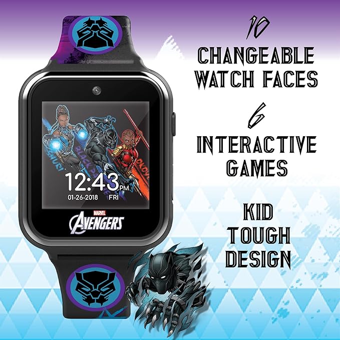 Accutime Kids Marvel Black Panther Black Educational ,Touchscreen Smart Watch Toy for Boys, Girls, Toddlers - Selfie Cam, Learning Games, Alarm, Calculator, Pedometer (Model: AVG4608AZ)