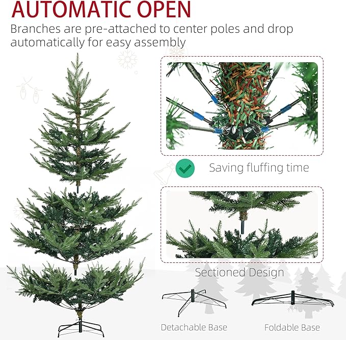 HOMCOM 6 Foot Artificial Christmas Tree, Nordic Pine Hinged Xmas Tree with 795 Realistic Branches, Wide Steel Base, Auto Open, Green