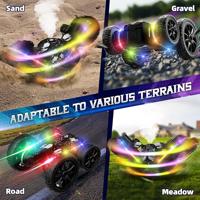360 Rotating 4WD RC Stunt Car with Cool Spray and Lights - Drift Car for Kids Age 4-13 (Black)