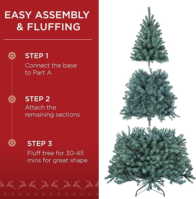 Best Choice Products Artificial Christmas Tree, 7.5ft Premium Unlit Realistic Spruce Holiday Décor w/Dense Branches, Metal Base – Blue Spruce