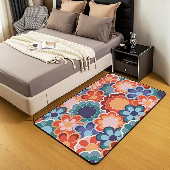 Abstract Retro Floral Area Rug 4x5 Colorful Vintage Flower Power Rug for Girls Teen Women 60S 70S Hippie Carpet Geometric Garden Botanical Psychedelic Washable Living Room Rugs
