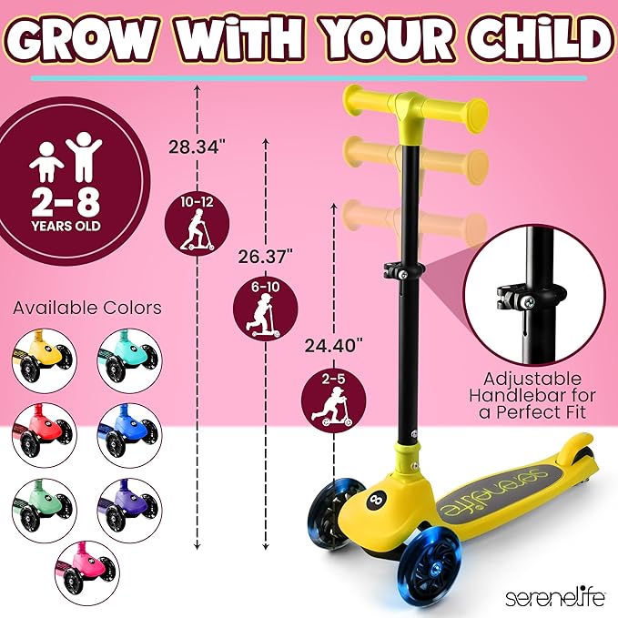 SereneLife 3 Wheel Foldable Kids Scooter - Foldable Seat, LED Wheel Lights, Adjustable Handlebar, Rear Foot Brake, Lean-to-Steer, Anti-Slip Deck, Ideal for Toddlers Kids 3+, up to 110Lbs