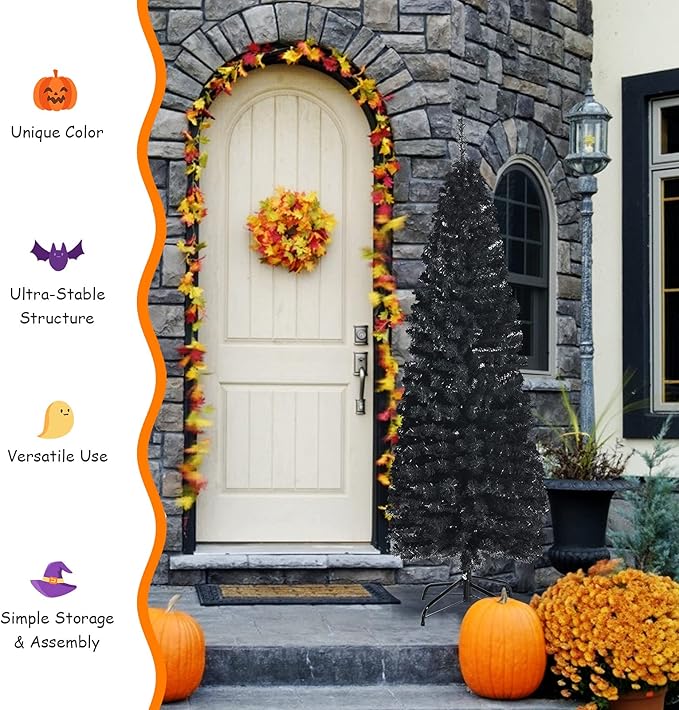 HAPPYGRILL 6 Feet Black Pencil Christmas Tree, Artificial Skinny Xmas Tree with Metal Stand, Realistic Unlit Pine Tree with 520 Branch Tips for Indoor Outdoor