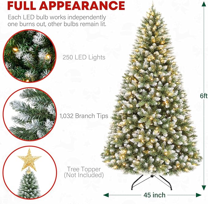 6 ft Lighted Artificial Snow Flocked Christmas Tree, 250 LED Warm White Lights, 1032 PVC Branch Tips, Easy Assembly for Indoor Holiday Decorating