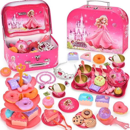 Tea Party Set for Little Girls, Pretend Tin Teapot Set, Princess Tea Time Play Kitchen Toy with Cups, Plates and Accessories for Birthday Easter Gifts Kids Toddlers Age 3 4 5 6