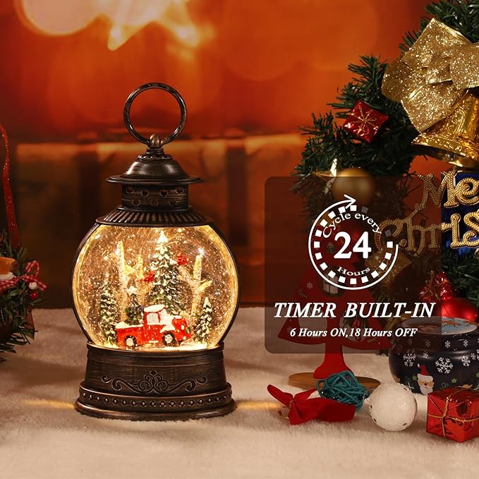 Christmas Snow Globes Lantern, Musical Snow Globe Christmas Decorations Water Lantern, Red Truck and Christmas Tree Scene Rotating Flashing Lanterns, Holiday Decor