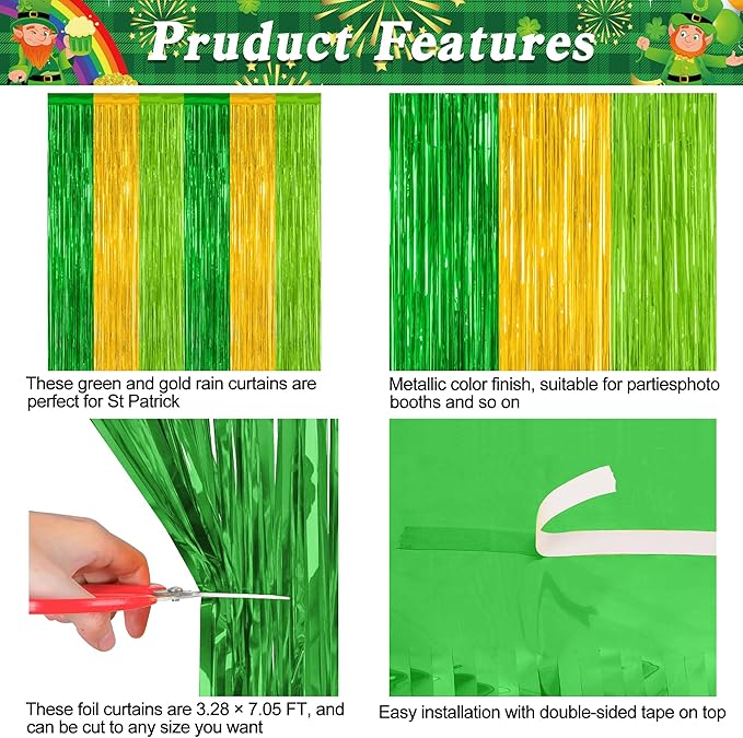 2 Pack St Patrick Party Decorations, 3.28 FT x 7.05 FT Green Gold Light Green Backdrop Curtains, Metallic St.Patrick Fringe Curtains Party Streamer Tinsel Backdrop, St Patrick Party Supplies
