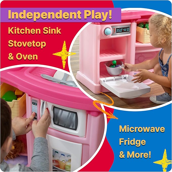 Step2 Fun with Friends Kids Kitchen Playset, Indoor/Outdoor Kitchenette, Interactive Play with Lights and Sounds, Durable Plastic, Includes 25 Piece Toy Accessories, Toddlers 2+ Years Old, Pink