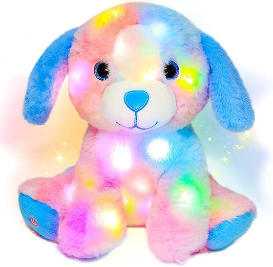 Hopearl Colorful LED Plush Puppy Lighting Up Dog Stuffed Animal Floppy Pup Night Lights Glow in The Dark Birthday Festival for Kids Toddler Girls, Rainbow, 10.5''