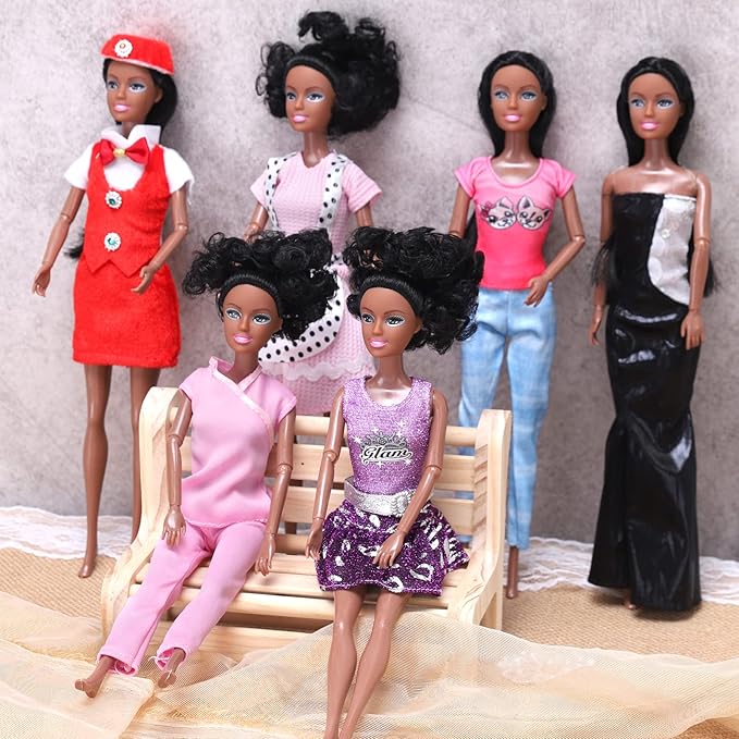 6 Set of African American Black Toy Dolls - 11.5" Premium Fashion Style Diversity Role Play Dolls, Bundle Variety Pack for Kids, Girls Party Favors