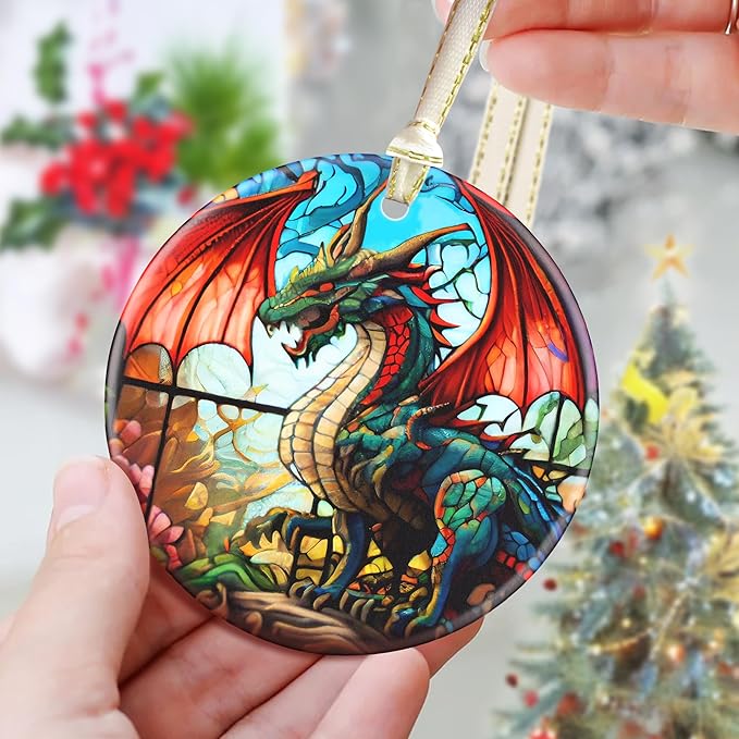 3.5 Inch Ceramic Christmas Tree Ornament, Flying Dragon Christmas Ornaments, Heirloom Keepsake, Gift Exchange, Gift Idea, Bauble Present