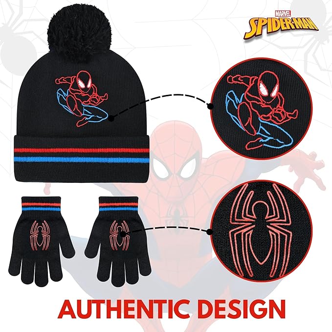 Marvel Spider-Man Kid’s Winter Hat and Snow Gloves for Boys and Toddlers, 2 Pc. Set, Pom-Pom Beanie with Warm Mittens