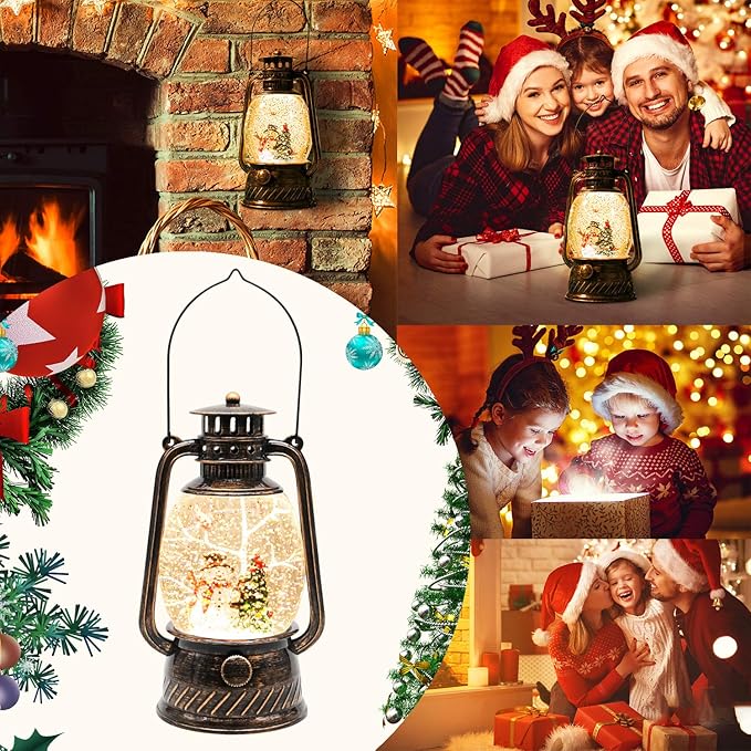 Christmas Snow Globe Lantern with Swirling Glitter and Battery & USB Powered Light 6H Timer for Christmas Home Decoration and Gift (Christmas Tree and Snowman)