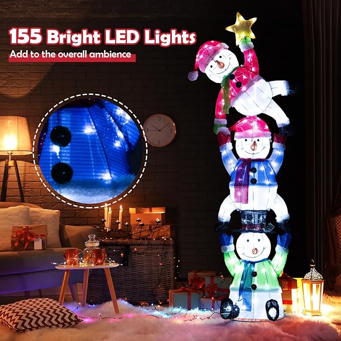 Tangkula 6 FT Lighted Christmas Stacked Snowman Set, Light-up Christmas Decoration with 155 LED Lights, Ground Stakes & Zip Ties, Pre-Lit Snowman Ornament for Indoor and Outdoor Yard, Garden & Lawn