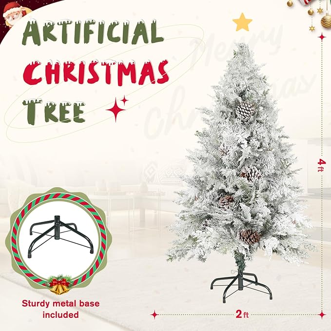 4ft Premium Hinged Artificial Holiday Christmas Tree for Home, Office, Party Decoration Snow Flocked Xmas Pine with 500 Branch Tips, Easy Assembly, Metal Hinges & Base (White)