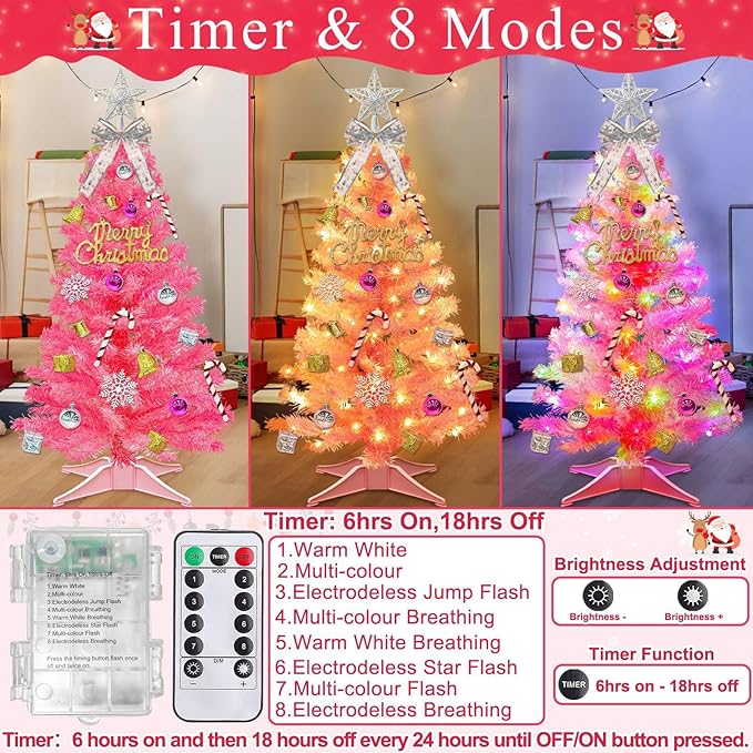 3 Ft Pink Valentine's Day Tree with Dual Color Change Lights Timer Remote, 3D Star&44Ornaments, 8 Modes 50 Warm&Colorful Change Lights Battery Operated, Small Mini Tree Table Indoor Holiday Home Decor