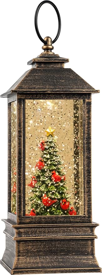 10'' Lighted Christmas Tree Cardinal Music Snow Globe Water Lantern with Swirling Glitter Decoration for Christmas Home, Living Room, Battery Operated or USB Powered