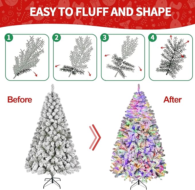 7.5ft Prelit Christmas Tree Snow Flocked Artificial Xmas Tree with 550 Colorful LED Lights, Remote Control, 1405 Branch Tips, Time and 11 Light Modes