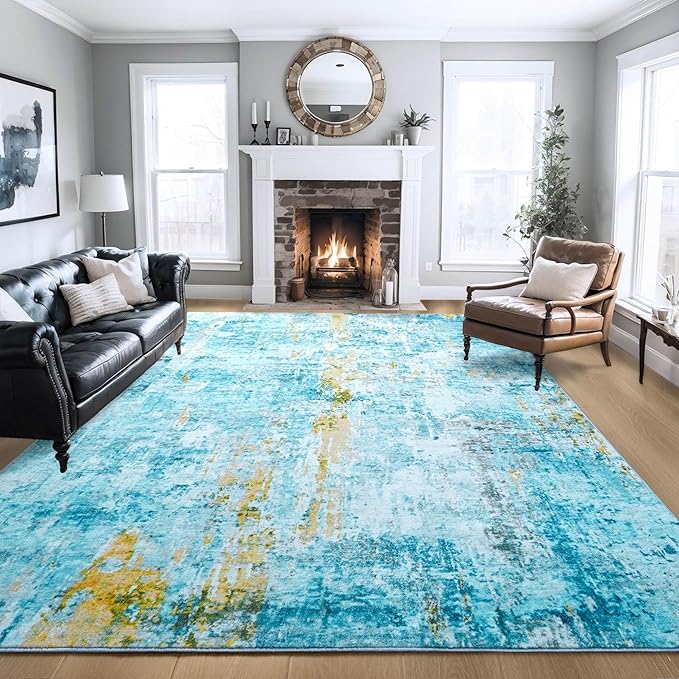 Ompaa Living Room Rug 8x10 Teal Blue Area Rugs Machine Washable Abstract Boho Large Rug Non-Slip Non-Shedding Faux Wool Indoor Vintage Carpet for Bedroom, Classroom, Dining Room, Kids Playroom
