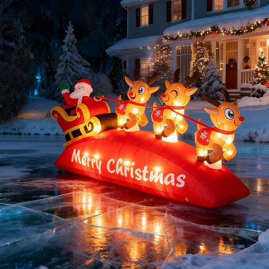 10 FT Christmas Inflatable Santa Sleigh with 3 Reindeer Outdoor Decoration, Blow Up Yard Decor with Bright LED Lights, Santa Claus Xmas Decor for Garden Lawn Backyard