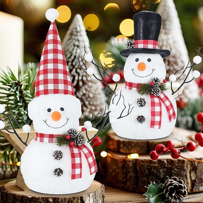 2 Pack Red and White Christmas Table Decor, 14" Lighted Plush Christmas Snowman Decorations, Light Up Snowman Holiday Present, Table Mantel Desk Fireplace Shelf Home Minimalist Decor