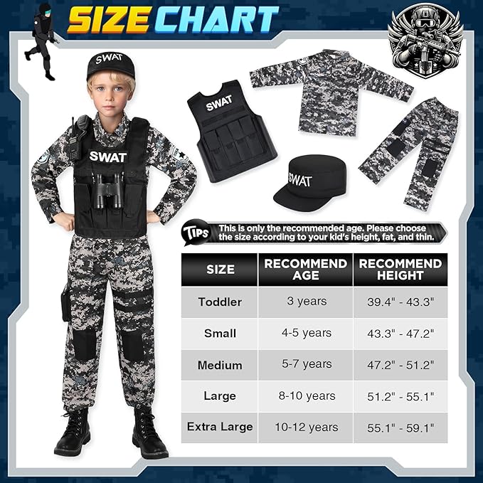 Luucio SWAT Police Officer Costume for Kids, Police Costume for Kids with SWAT Costume, SWAT Vest, Halloween Costume for Boys, Role Play Kit for Boys Girls