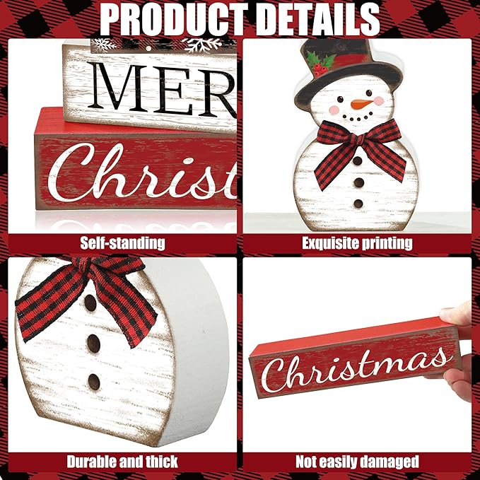 4 Pcs Christmas Table Decoration Snowman Wooden Block Merry Christmas Wood Centerpiece Xmas Red Buffalo Plaid Tabletop Sign Xmas Rustic Farmhouse Tiered Tray Decor for Winter Party Home Shelf Decor